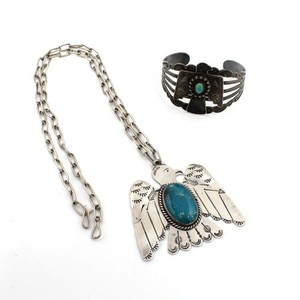 Southwest Sterling Thunderbird Turquoise Necklace Cuff Bracelet Lot of 2#S5388-4