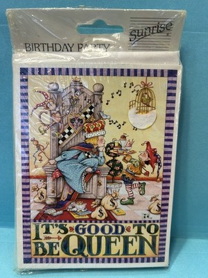 Mary Engelbreit NOS - 8 Birthday Party Invitations It's Good to Be Queen Sunrise