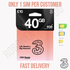 Three Mobile PAYG SIM 40GB Data Unlimited Calls Texts UK 5G Prepaid