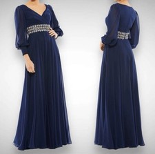 Mac Duggal Dress Beaded Chiffon Bishop Long Sleeve Gown Navy Blue 79390 Sz: 8