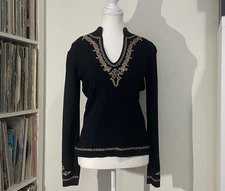 Vintage 90’s Studio G Boho Wood Bead Embroidered Black Long Sleeve Top Women’s M