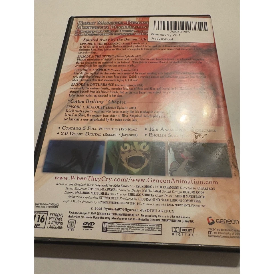 When They Cry Higurashi No Naku Koroni Vol. 1 DVD Anime Horror Suspense READ - Image 3 of 4