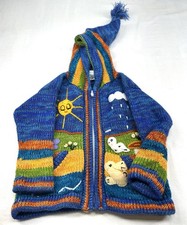 Peruvian Sweater Kids 2T Blue Knit Embroidered Sun Animals Hooded Zip Handmade