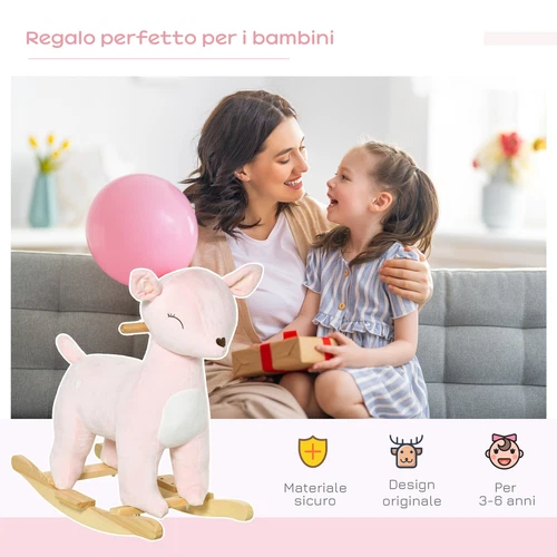 HOMCOM Cavallo a Dondolo per Bambini 3-6 Anni Cervo in Peluche Rosa 68x35.5x64cm - Foto 8 di 10