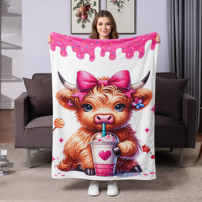 Cute Highland Cow Flannel Blanket Pink Bow Iced Coffee Throw Soft Animal Bedding