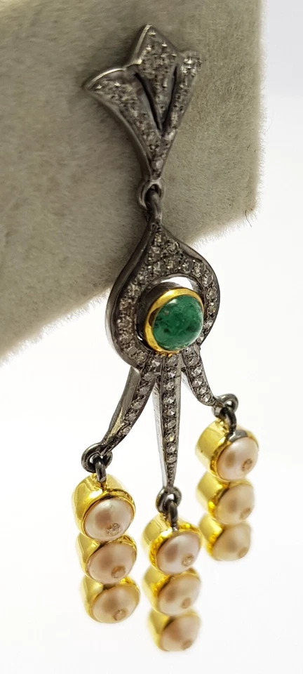 Smaragd Perle Edelstein 925 Sterlingsilber Pave Diamant May Geburtsstein Ohrring - Bild 4 von 4