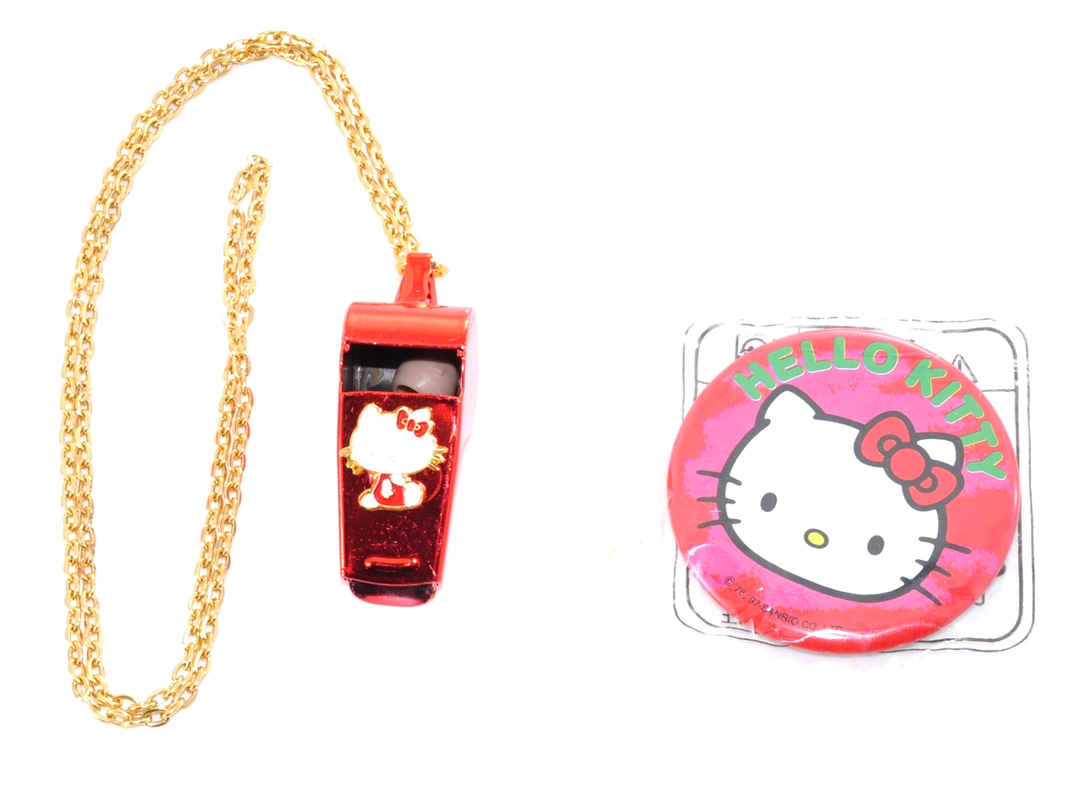 Rare Vintage Sanrio Hello Kitty Tin Whistle & Badge Set Japan 1976