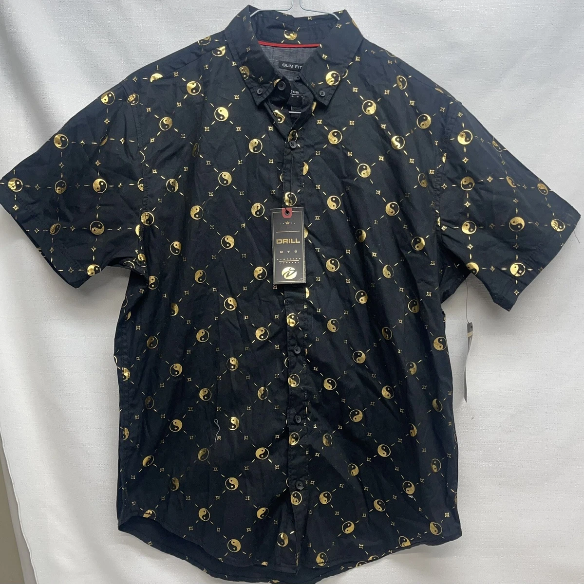 Drill Clothing Co. Skim Fit Black Button Up ShirtGold Metallic Ying Yang Large
