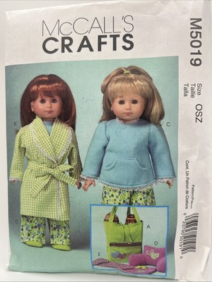 McCall's Pattern M5019 Sleeping Bag Pillow PJs Slippers Bag for 18'' Dolls Uncut