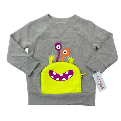 Cat & Jack Toddler Boys Size 2T Pullover Sweatshirt Monster Zip Pouch Gray