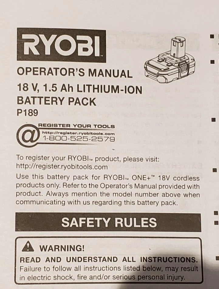RYOBI 18V P189 Lithium Ion Battery Pack Operator s Manual English