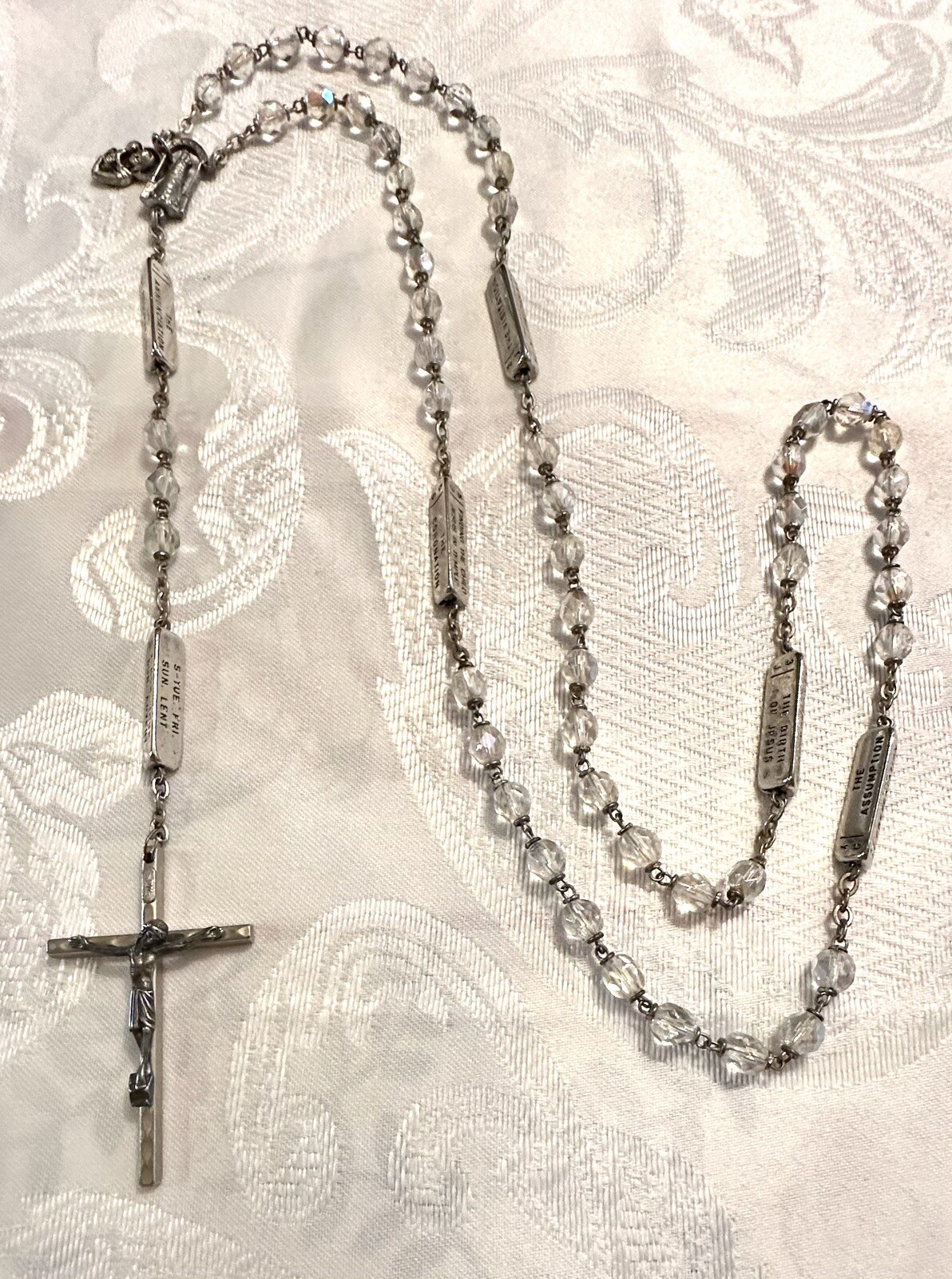 Vintage Aurora Borealis Crystal Glass Beaded Mysteries Teaching Guiding Rosary-3