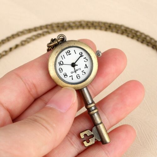Key Pattern Quartz Analog Pocket Watch Open Face with White Dial Necklace Chain - Picture 1 of 7