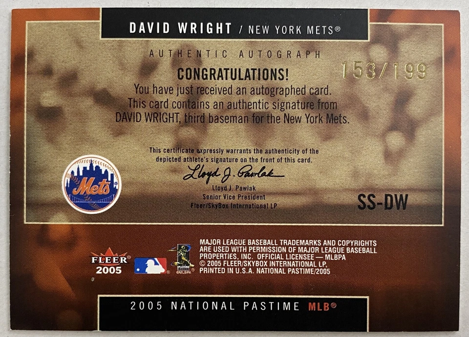 2005 Fleer National Pastime Signature Swings #SS-DW David Wright Auto 153/199 - Image 2 of 2