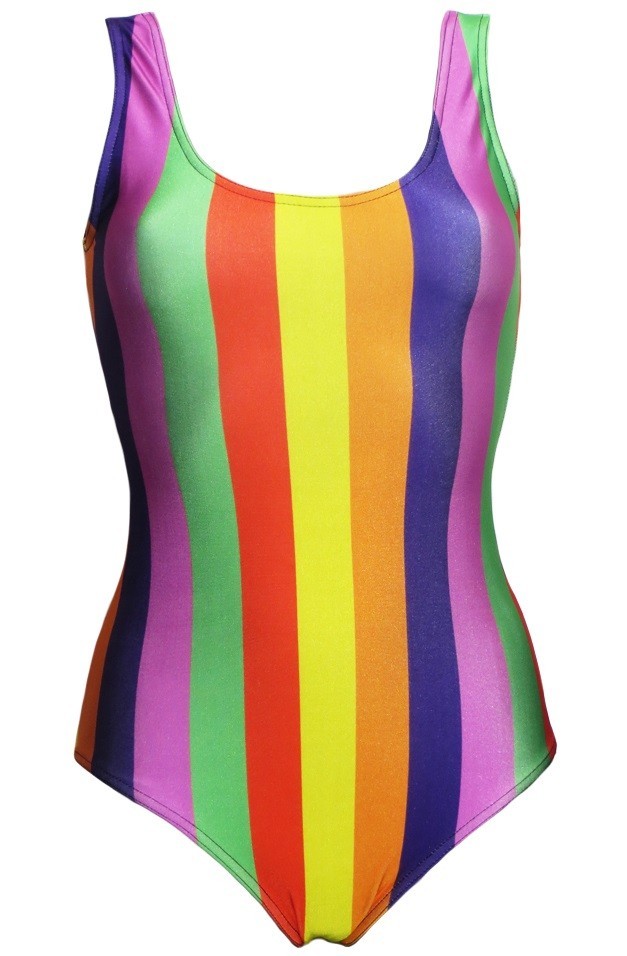 Mujer Arcoiris Multi Color Rayas Verticales Rayas Cuchara Bañador Mono