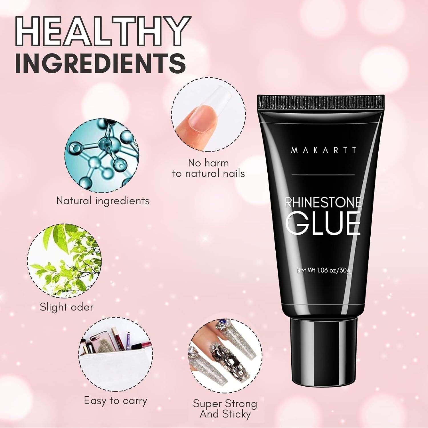 Pegamento de diamantes de imitación para uñas, pegamento de uñas de gel súper fuerte para encanto de uñas 3D