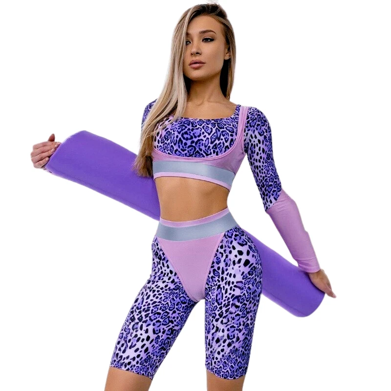 Women Leopard Print Two Piece Tracksuit Set Shorts Bra Gym Yoga