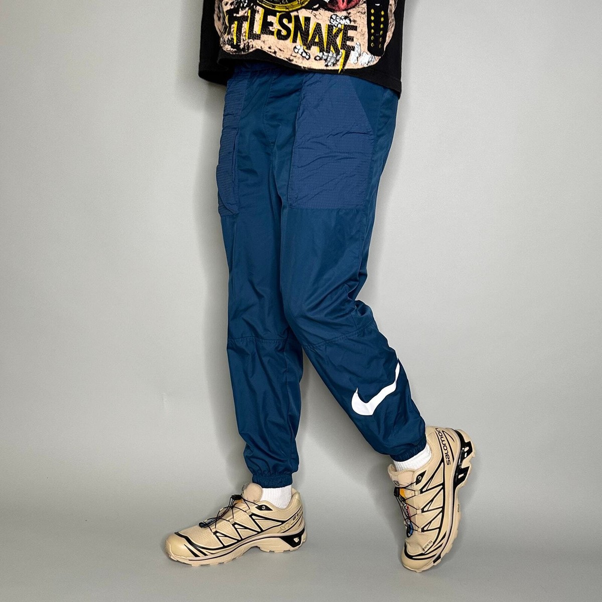 Nike Track Pants Mens S Teal Blue Polyester Joggers White Swoosh Elastic  Cuffs