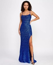 Crystal Doll Juniors' Sequin Draped-Neck High-Slit Gown Blus Size 5 129