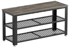 Shoe Bench, 3-Tier Rack, Wood Seat with Mesh Shelves, Gray Steel Frame, 28.7"