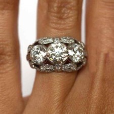 Three Stone 3.50Cttw White Round Cut CZ Art Deco Antique Wedding 925 Silver Ring