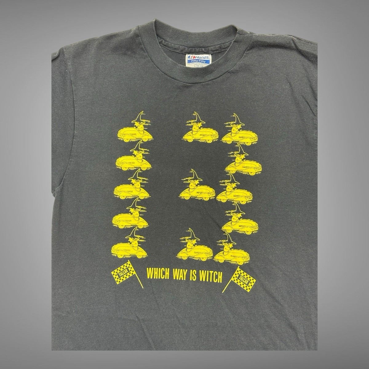 Vintage 1987 Witches Meadow Witch Taxi Graphic T-Shirt Hanes Fifty-Fifty Black L View 2