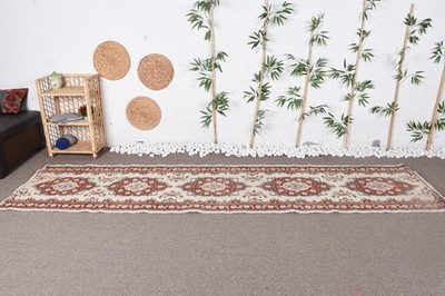 Turkish Vintage Rug 2,8x11,1 ft (84x338 cm), Beige Check Wool Rug