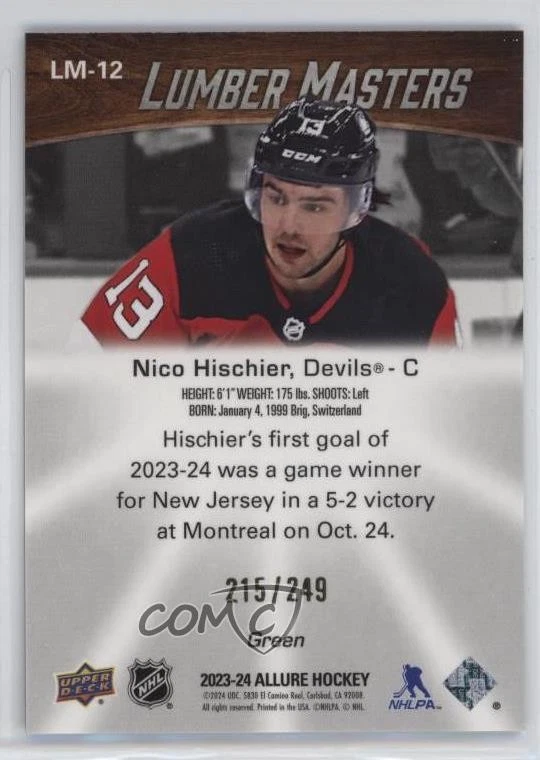 2023-24 Upper Deck Allure Lumber Masters Green /249 Nico Hischier #LM-12 - Image 2 of 2