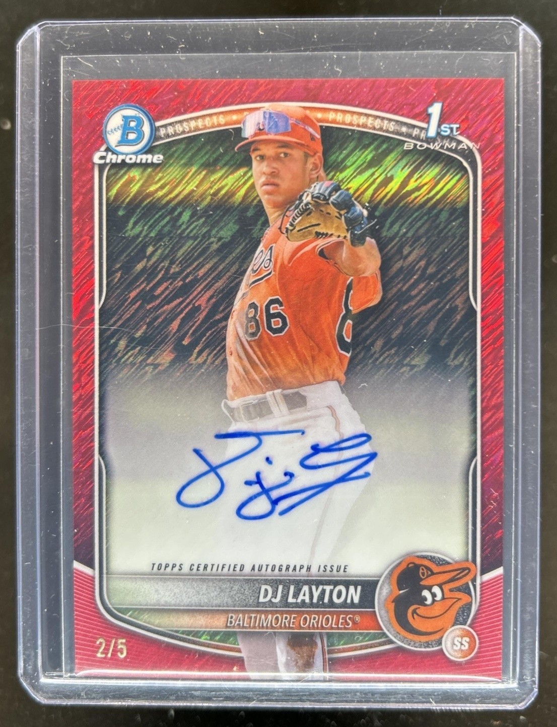 2025 Bowman Chrome DJ Layton Auto Red Shimmer Refractor 1st #/5 Orioles