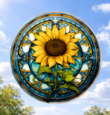 Sunflower Faux Stained-Glass WINDOW CLING Sun-catcher Size 8" Round Vinyl