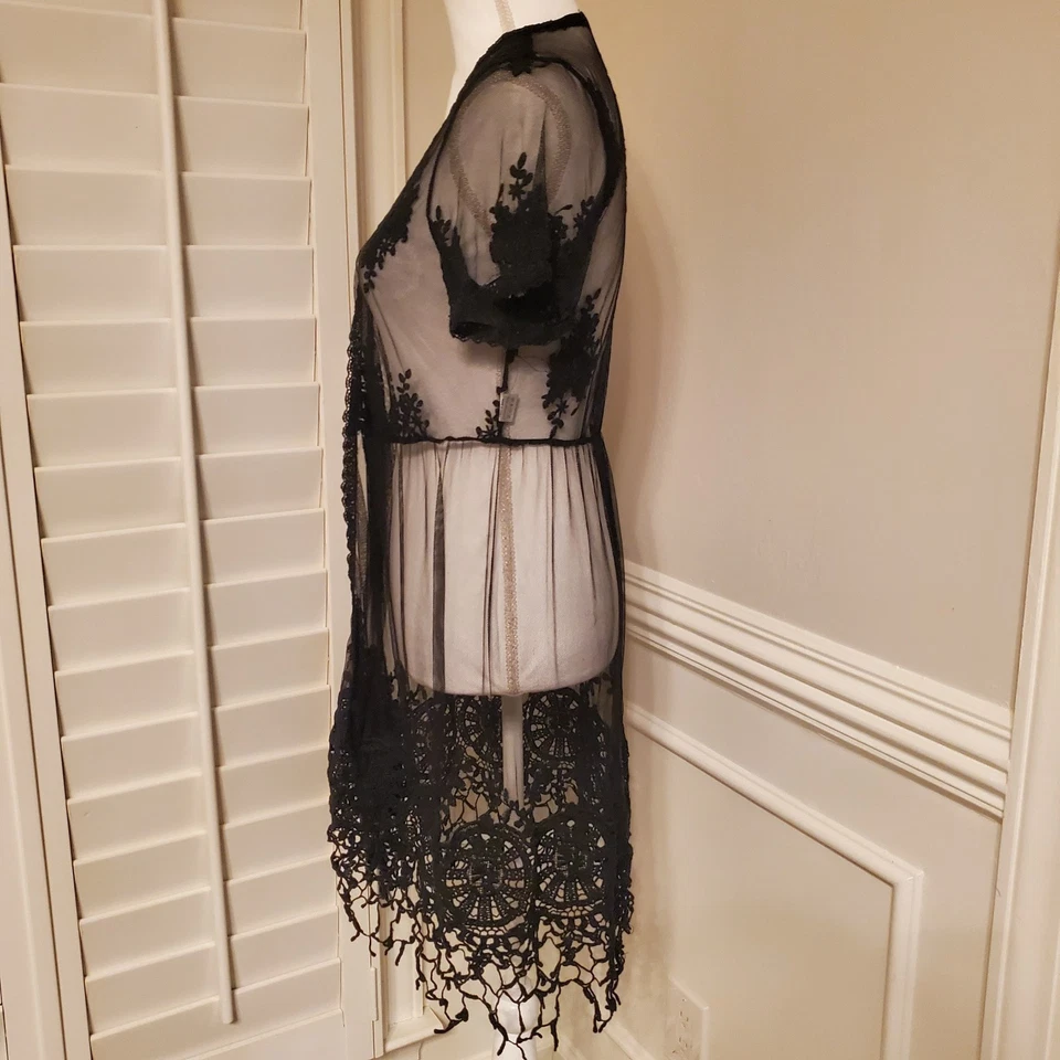 Оригами от Vivien черный кружевной Y2K чистый сетки верхний Duster Whimsigoth гранж M - Изображение 3 из 4