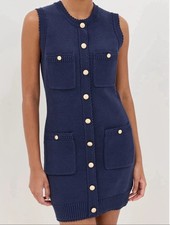 Reformation Navy Blue Knit Button Front Mini Dress Sleeveless Crew Neck S