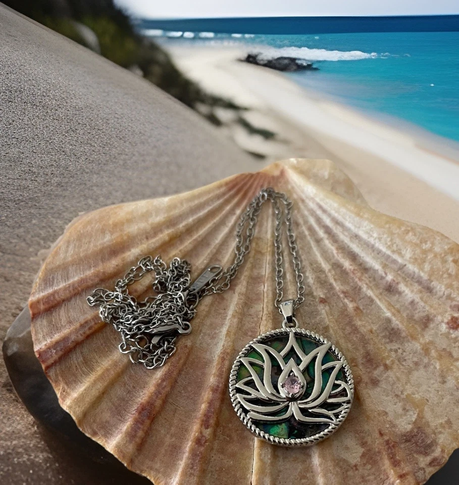 Lotus Flower And Pink Crystal Abalone Shell Pendant Necklace - Brand New - Image 2 of 4