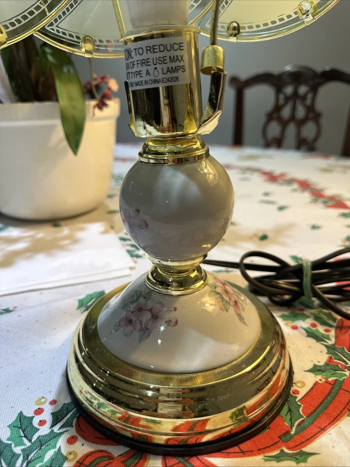 Vintage Brass Tone Lamp Set w/ Floral Glass Panels 3-Way Touch Tested/Works! 15” - Image 3 of 4