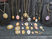 Vintage Cameo Jewelry Lot Of 32 Necklaces Brooches Earrings Ring Pendant Locket