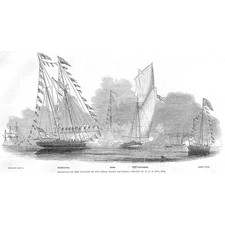 Reception of Queen Victoria by the Royal Yacht Squadron - Antique Print 1845