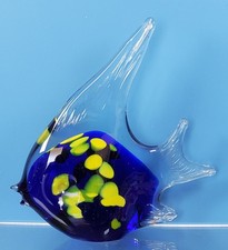 Hand Blown Murano Style Blue Spotted Glass Art Tropical Angelfish Paperweight 5