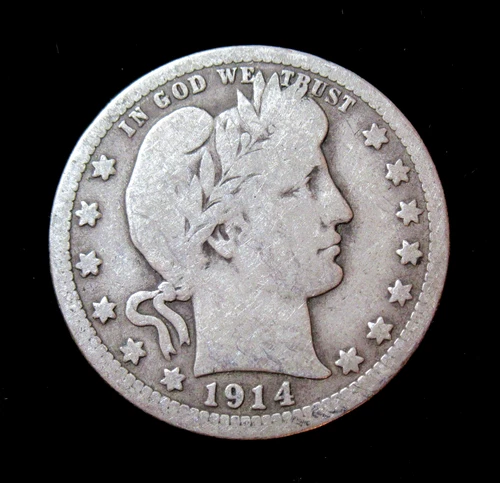 1914 Barber Quarter Dollar Silver Coin Old Toning