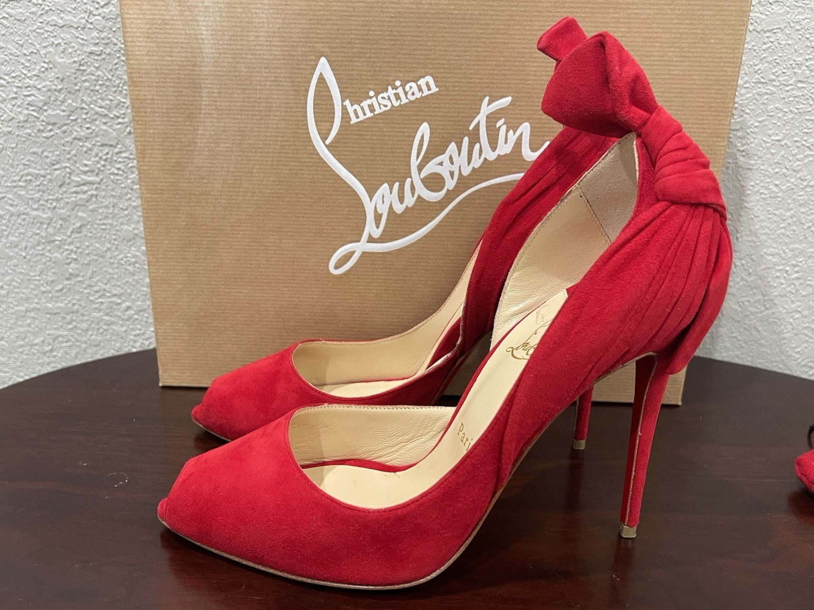 Cristian Louboutin Peep Toe Heels Red Suede Leather Women's Size 39 Barbara 100 image 3