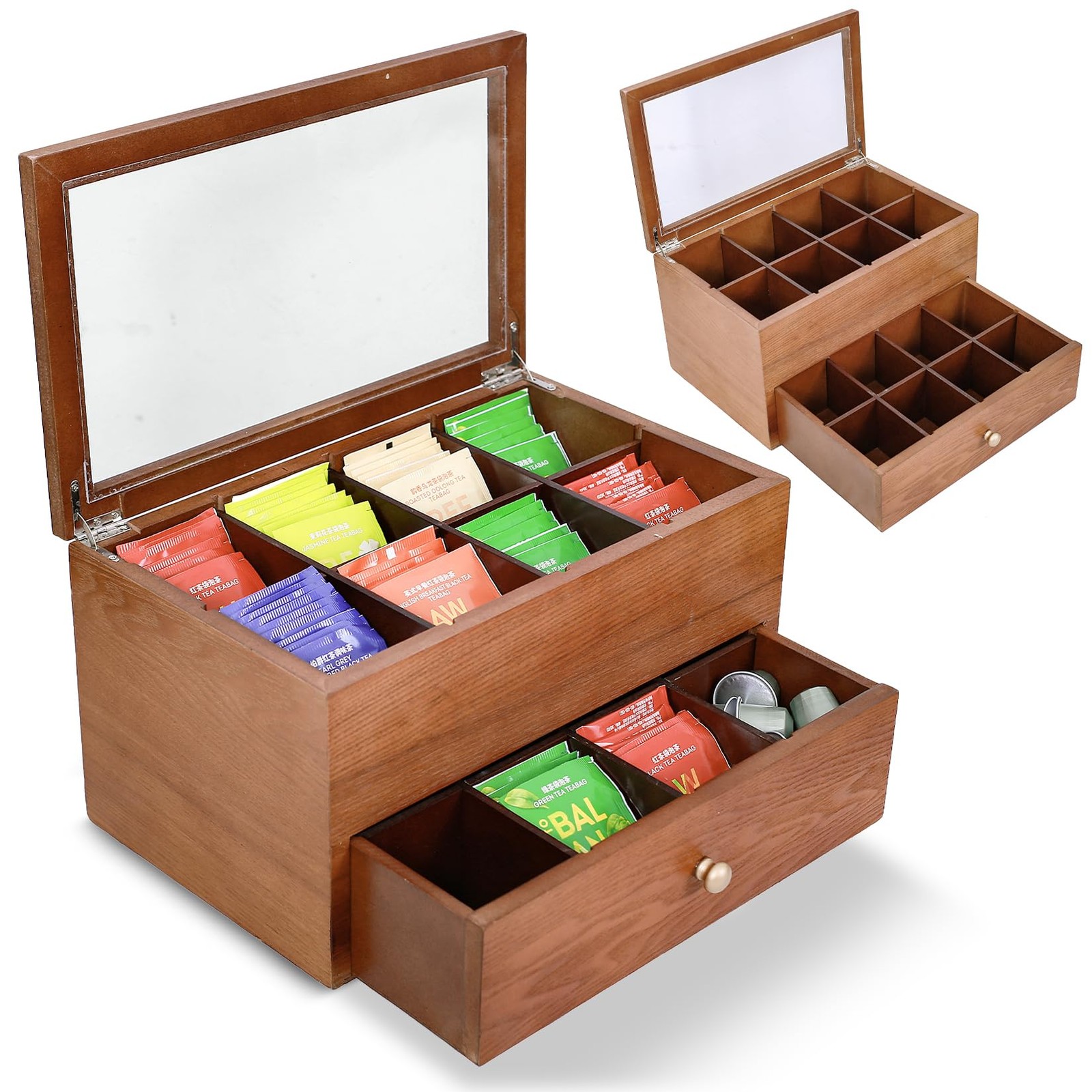 Wooden Tea Bag Organizer with Drawer – Tea Storage Box with 16 Compartments, ...