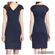 Tory Burch Libby Pinstripe Logo Print 100% Silk Sheath Dress Small Stretch Navy