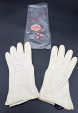 Vintage Miss Aris Ivory Leather Gloves Embroidered Size 6.5 6-1/2 Silk Lining