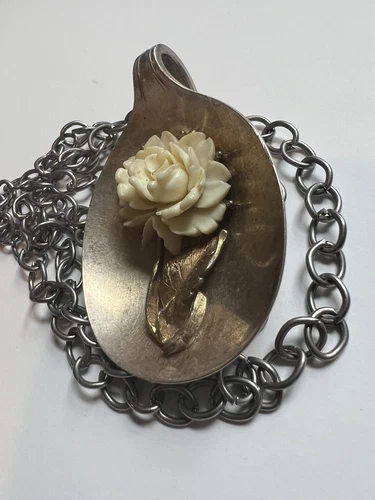 Vintage Carved Celluloid Rose Flower Pendant Art Deco Homemade Necklace Jewelry