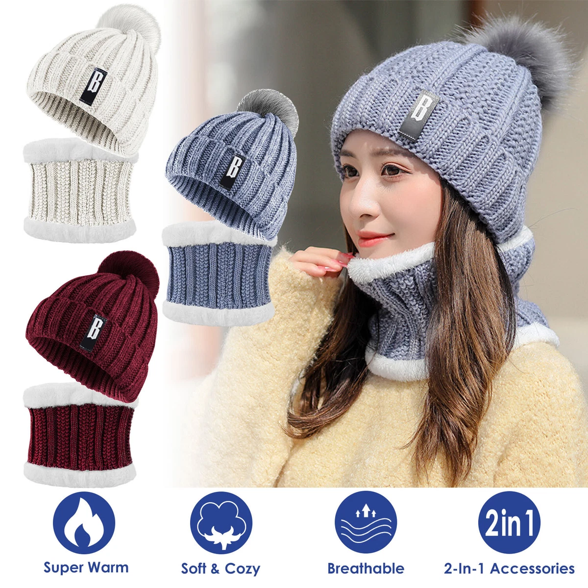 Winter Beanie Cap Warm Knit Hat Scarf Set Ear Head Neck Cover Ski Gift Men  Women