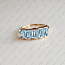 Baguette Cut Aquamarine Half Eternity Band Ring, 925 Sterling Silver Ring