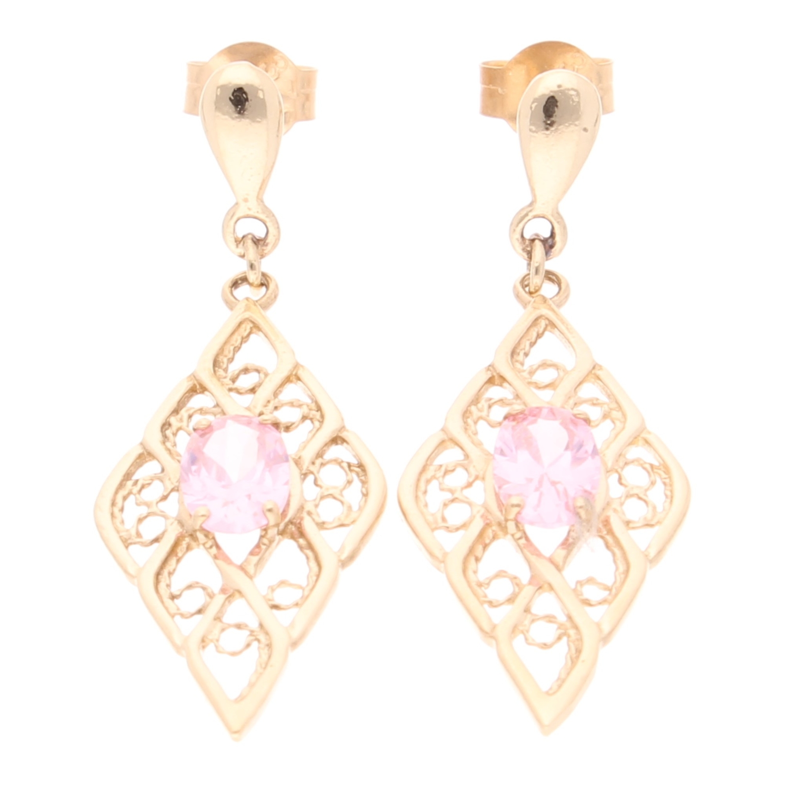 9Carat Yellow Gold Pink Sapphire Stud Drop Earrings (10.5x30.5mm)