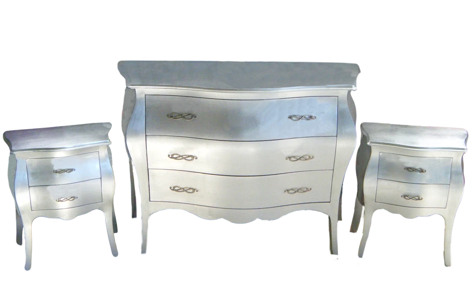 Trittico con comò bombato barocco foglia argento e 02 comodini in legno massello - Immagine 2 di 3