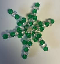 Vintage Christmas Ornament Beaded Snowflake Green and Clear Handcrafted