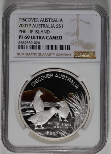 2007 DISCOVER AUSTRALIA 1 DOLLAR PHILLIP ISLAND SILVER PROOF - NGC PF69 UC