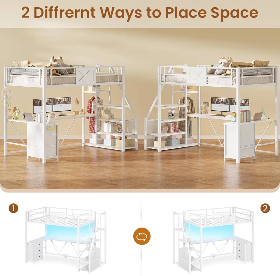 Twin Size Loft Bed with L Shaped Desk, LED Lights and Storage Stairs (White) - Image 3 of 4